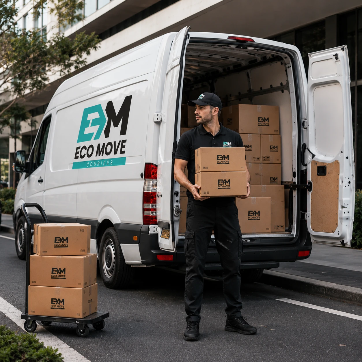 Eco Move Couriers driver unloading branded parcels from the van